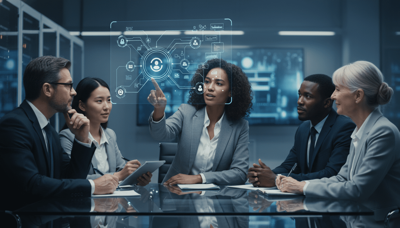 Equipo multidisciplinario colaborando en una estrategia de ciberseguridad en entorno de oficina moderno.