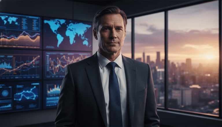 Jefe de seguridad corporativa con visión estratégica analizando riesgos globales en una oficina moderna