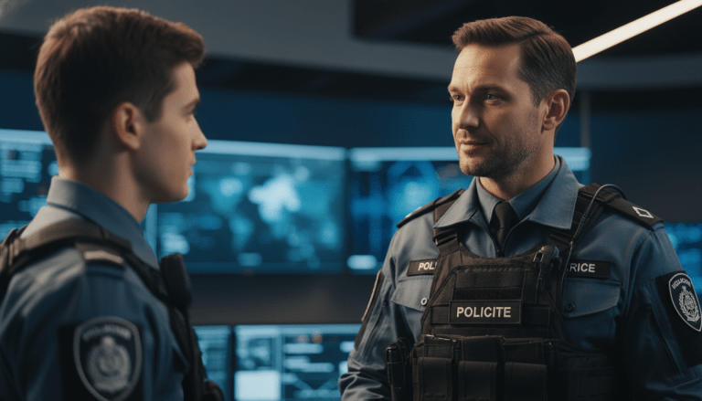 Jefe de seguridad profesional practicando liderazgo servicial con su equipo en un centro de control moderno