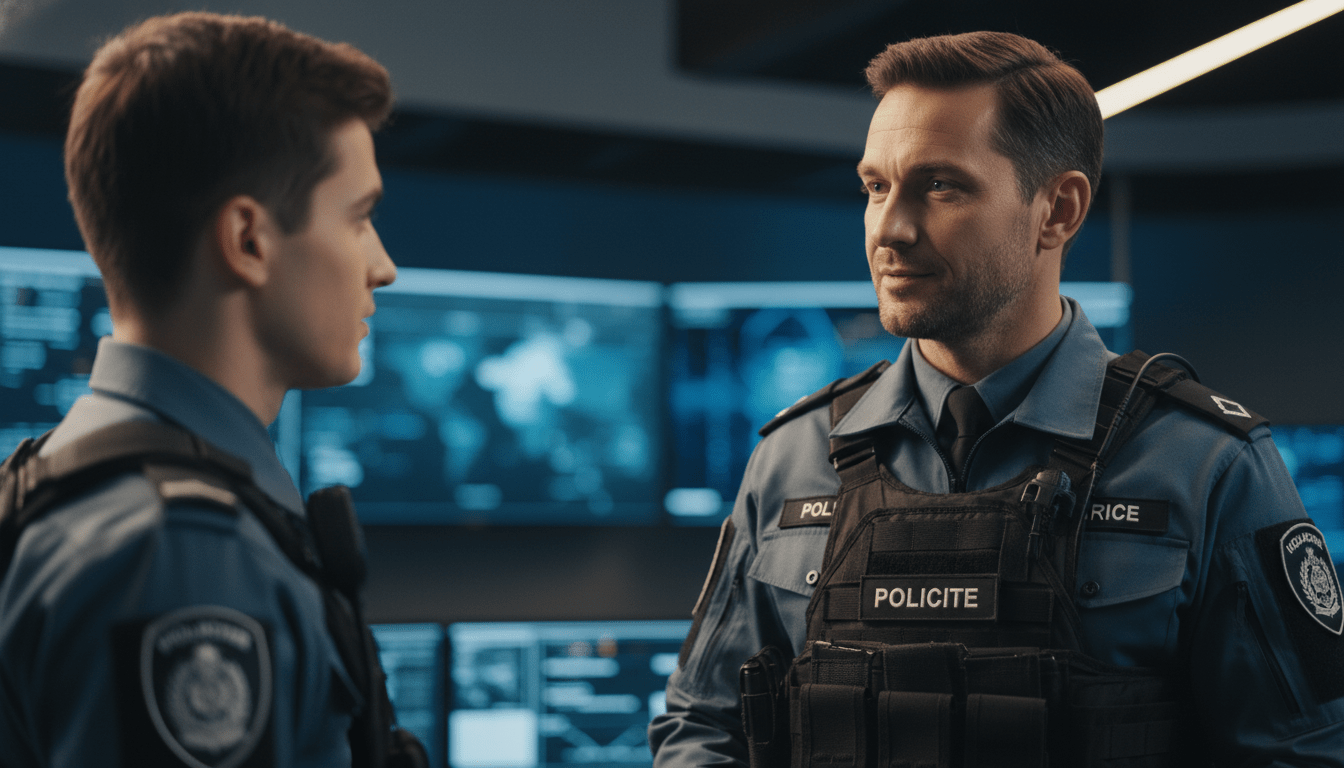 Jefe de seguridad profesional practicando liderazgo servicial con su equipo en un centro de control moderno