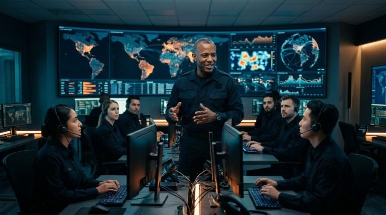 Lider de seguridad coordinando a su equipo en una sala de control moderna de alta tecnologia