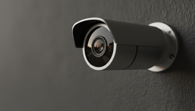 Cámara de vigilancia privada en fachada reflejando una calle pública, representando el dilema de privacidad y seguridad legal.