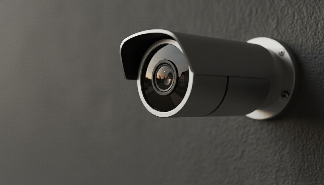 Cámara de vigilancia privada en fachada reflejando una calle pública, representando el dilema de privacidad y seguridad legal.