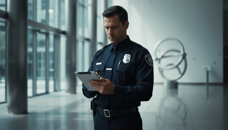 Guardia de seguridad profesional revisando protocolos de operación en una tableta dentro de un edificio corporativo