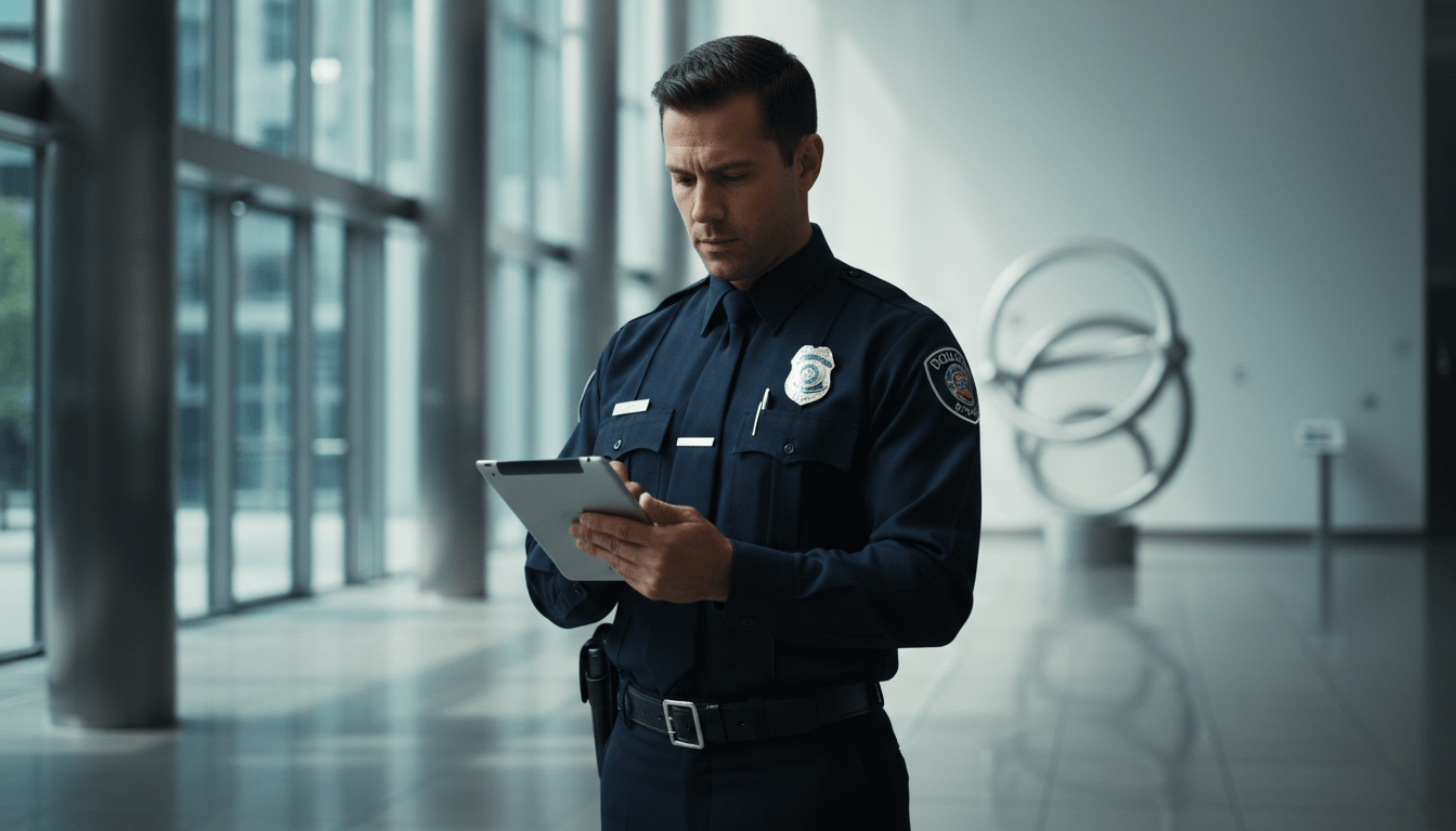 Guardia de seguridad profesional revisando protocolos de operación en una tableta dentro de un edificio corporativo