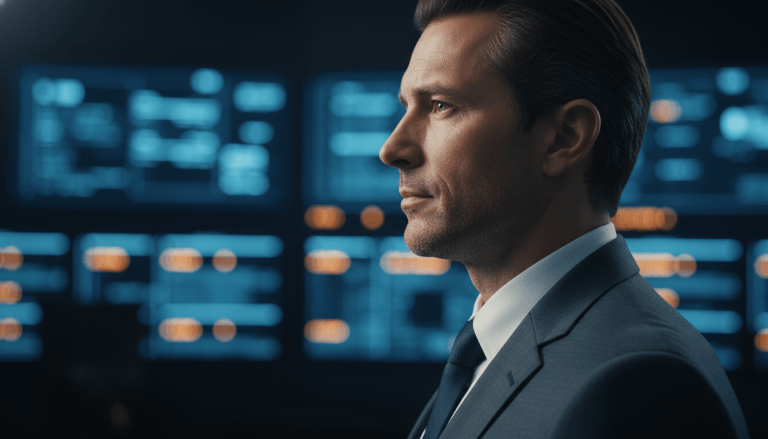 Consultor estratégico de seguridad representando autoridad y marca personal profesional en un entorno tecnológico.