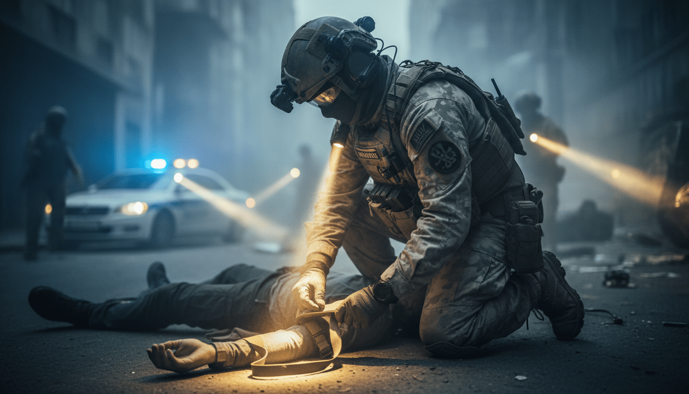 Paramédico aplicando un torniquete en un entorno de medicina táctica de alta amenaza.