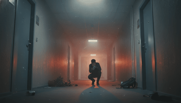 Persona agachada cubriéndose la nariz en un pasillo con humo durante un incendio en un edificio de apartamentos.