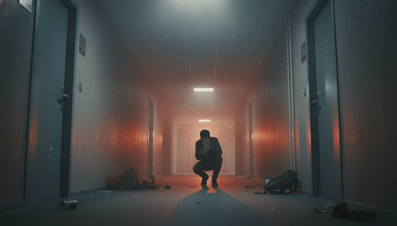 Persona agachada cubriéndose la nariz en un pasillo con humo durante un incendio en un edificio de apartamentos.