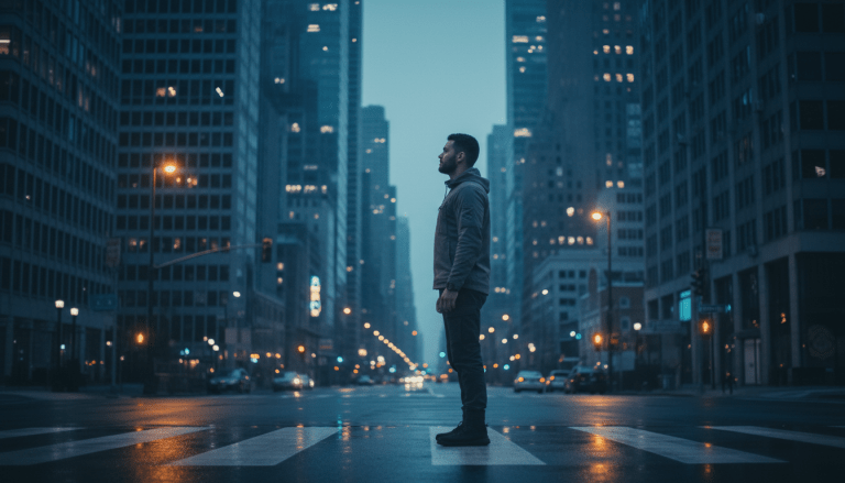 Prepper urbano observando con atención una metrópoli moderna al atardecer como medida de seguridad y preparación