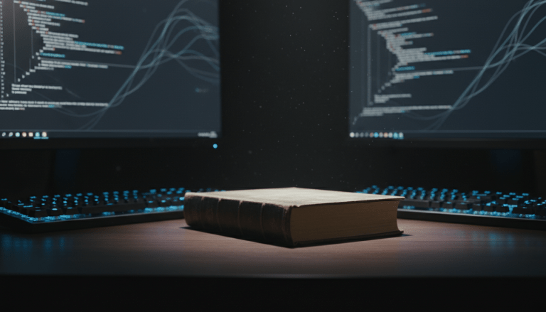 Concepto de seguridad informática con libros clásicos y tecnología moderna en escritorio profesional