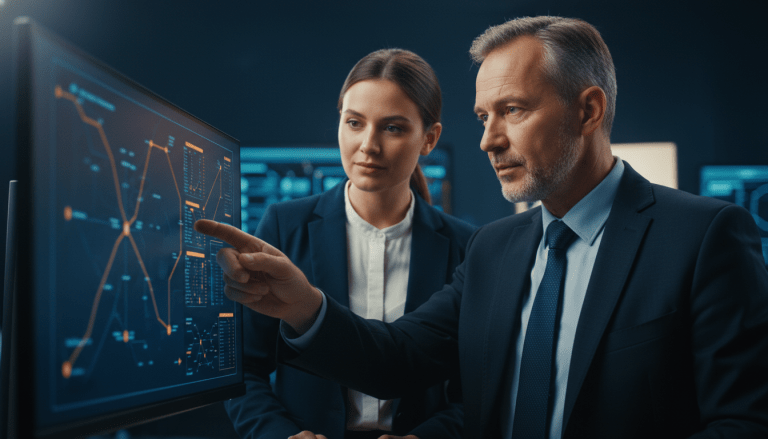 Mentor de ciberseguridad enseñando a una colega joven en un entorno profesional de alta tecnología