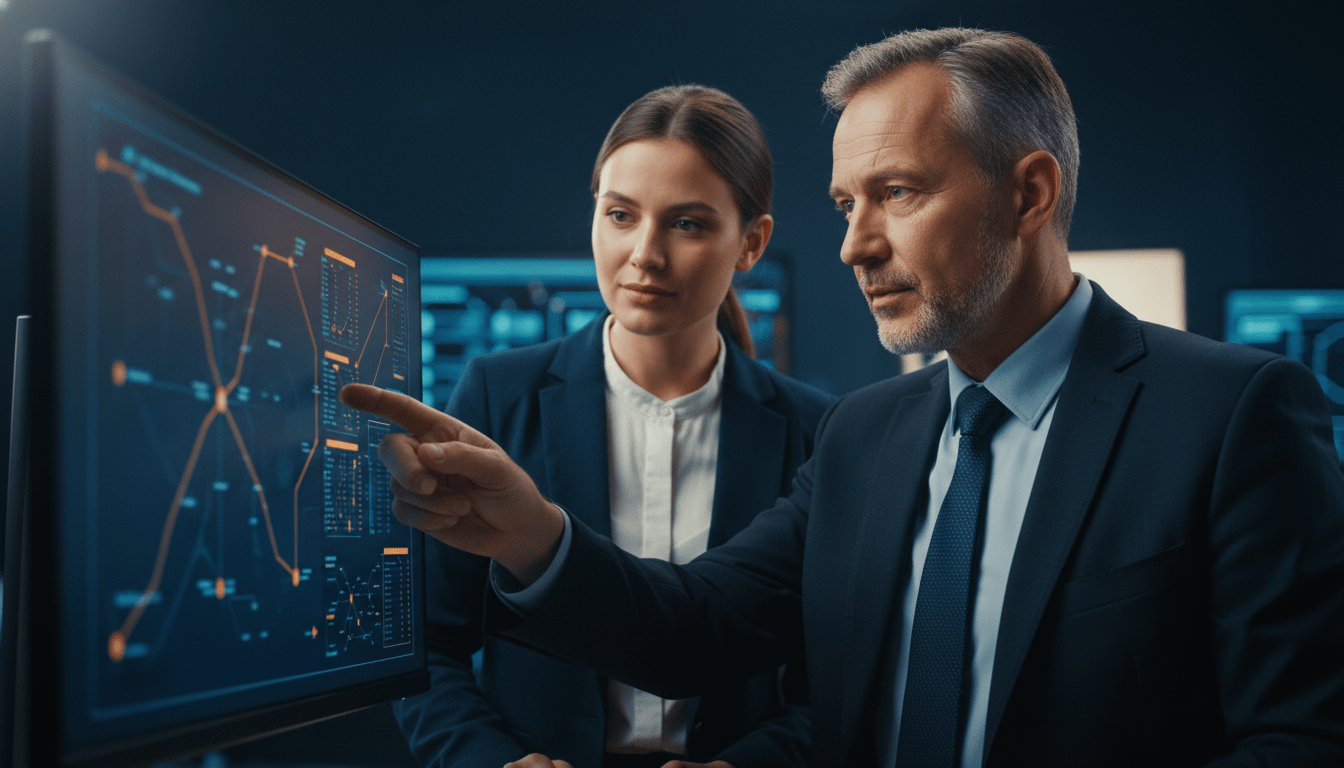 Mentor de ciberseguridad enseñando a una colega joven en un entorno profesional de alta tecnología