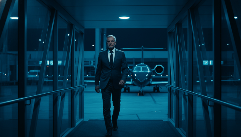 Ejecutivo corporativo caminando hacia un avión privado en un entorno de alta seguridad para viajes de negocios