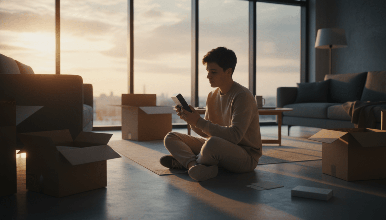 Joven mudándose a un nuevo apartamento reflexionando sobre la seguridad del hogar.