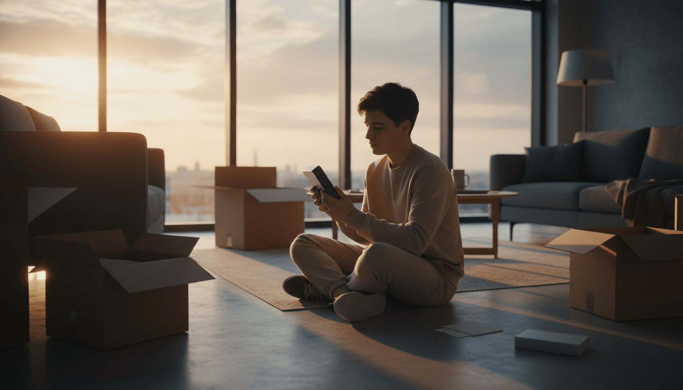 Joven mudándose a un nuevo apartamento reflexionando sobre la seguridad del hogar.