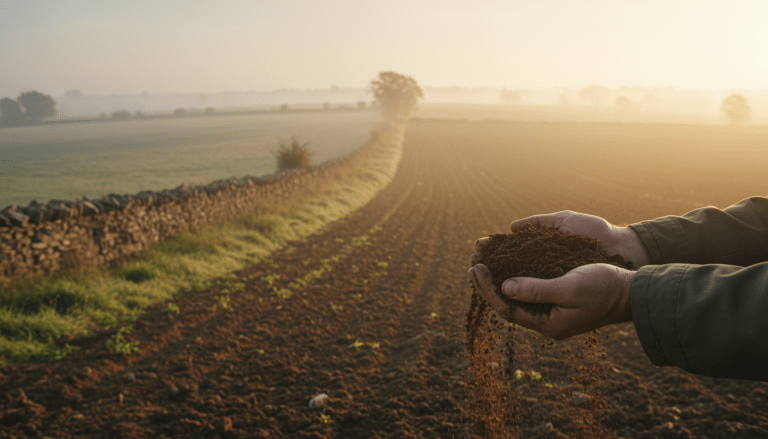 Manos sosteniendo tierra fértil en un campo rural, simbolizando el conflicto y la conexión emocional con la propiedad agraria.
