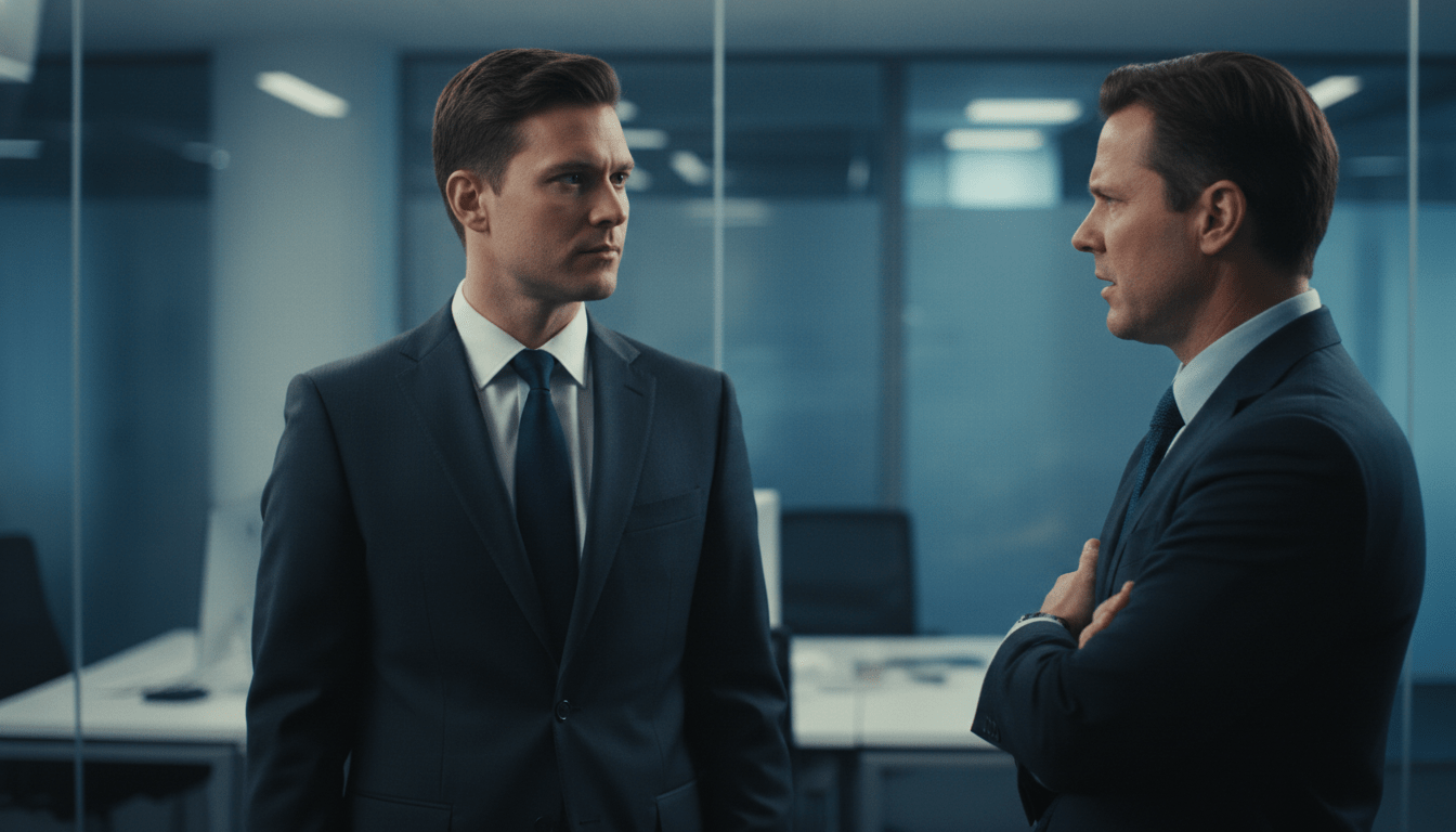 Agente de seguridad profesional utilizando la negociación y la inteligencia emocional para desactivar un conflicto en una oficina.