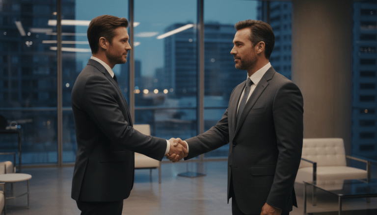 Empresario de seguridad privada cerrando un trato mediante un apreton de manos en un entorno corporativo elegante.
