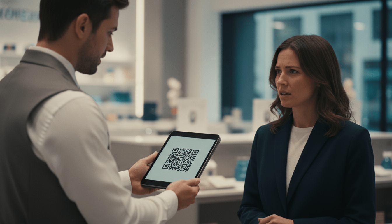 Simulación de ataque de phishing presencial donde un estafador con uniforme falso muestra una tableta a una cliente en una tienda