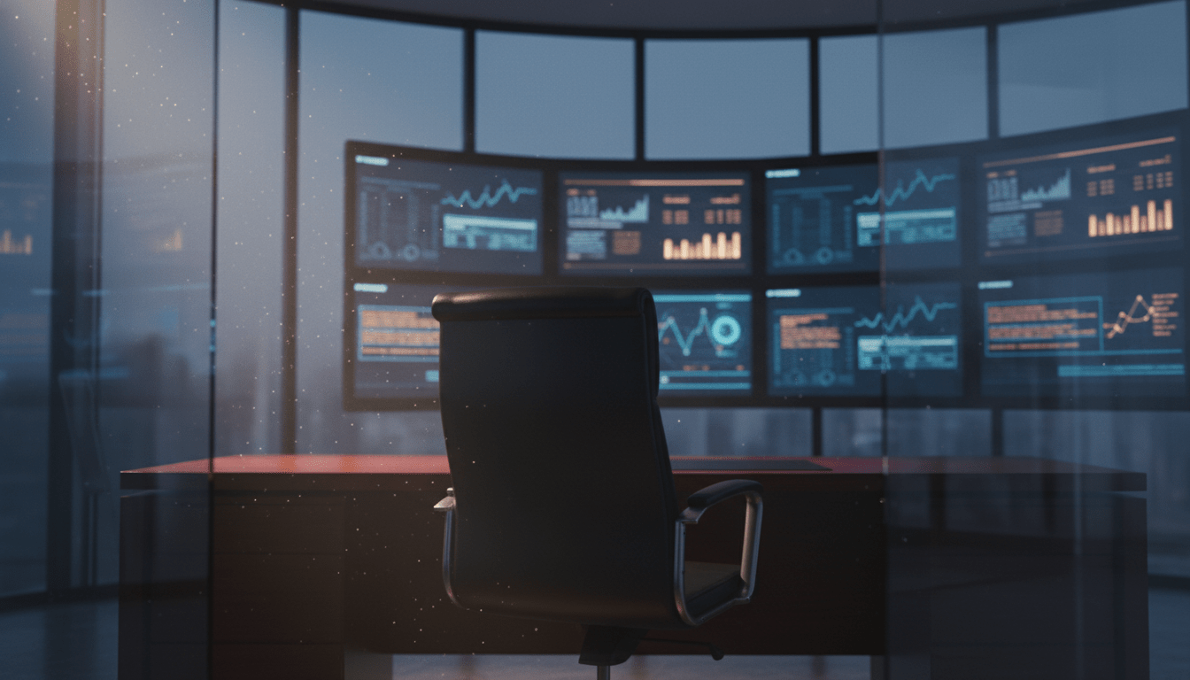 Silla vacía en centro de control de seguridad corporativa representando la falta de liderazgo