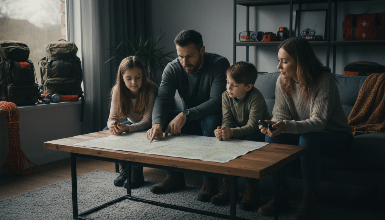 Familia revisando un mapa de riesgos y plan de evacuación en su hogar para preparación ante emergencias.