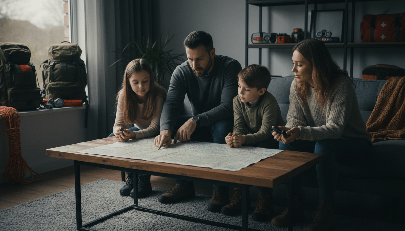 Familia revisando un mapa de riesgos y plan de evacuación en su hogar para preparación ante emergencias.