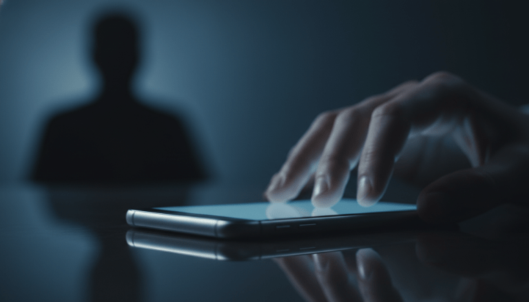 Smartphone moderno en la oscuridad representando el riesgo de privacidad y vigilancia digital.