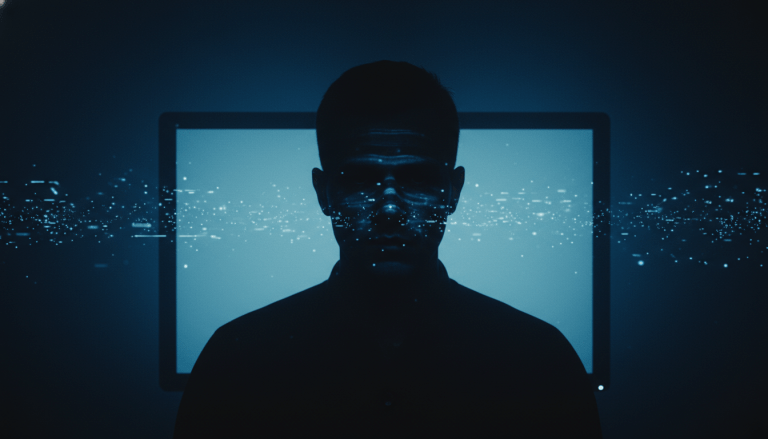 Usuario frente a una computadora en la oscuridad representando la vigilancia digital y la falta de privacidad en el correo electrónico.