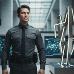 Guardia de seguridad privada profesional en un entorno corporativo tecnológico de alta gama representando confianza y protección.