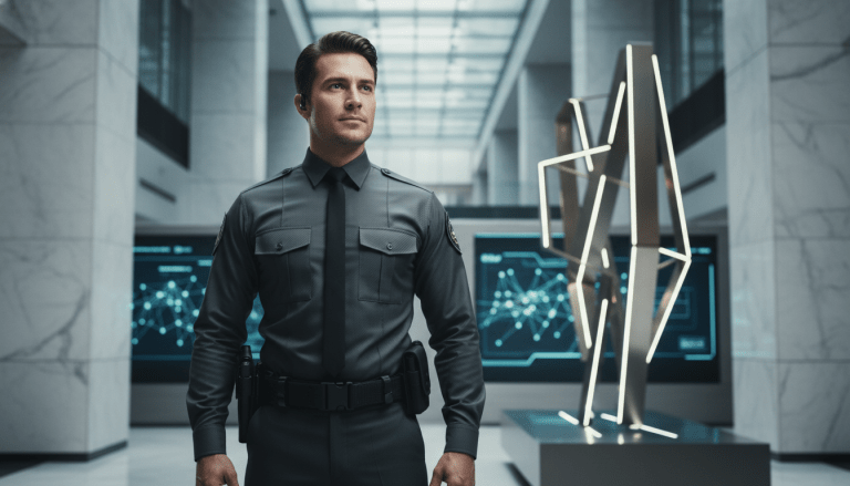 Guardia de seguridad privada profesional en un entorno corporativo tecnológico de alta gama representando confianza y protección.