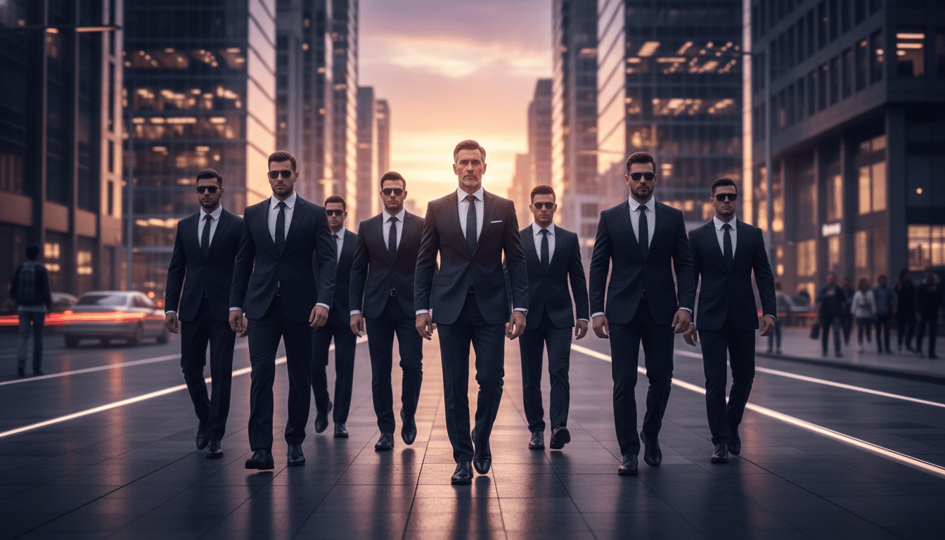 Equipo de seguridad profesional brindando protección ejecutiva a un alto directivo en un entorno corporativo urbano.