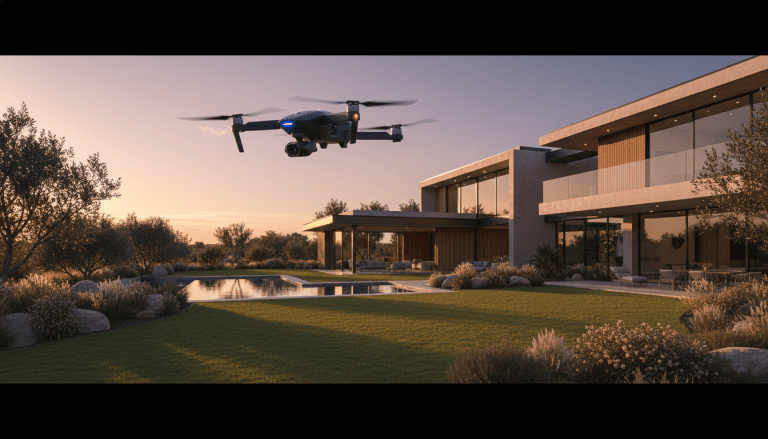 Dron de vigilancia sobrevolando una propiedad privada moderna para seguridad residencial