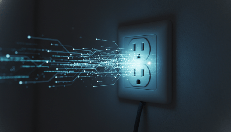 Ilustración conceptual de seguridad digital y vigilancia a través de la red eléctrica en una toma de corriente.