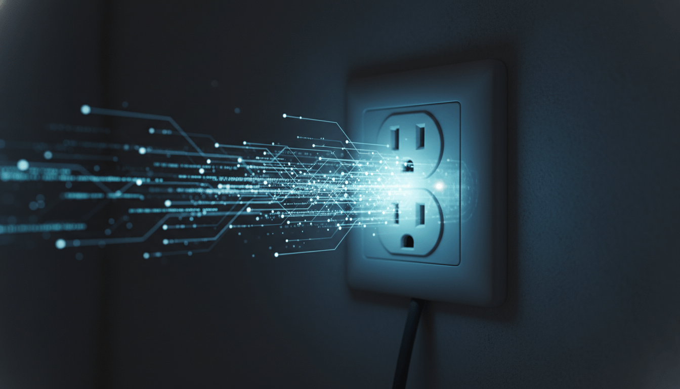 Ilustración conceptual de seguridad digital y vigilancia a través de la red eléctrica en una toma de corriente.