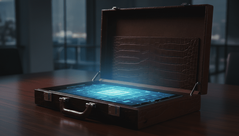 Maletín ejecutivo con tecnología de seguridad digital iluminada en una oficina moderna