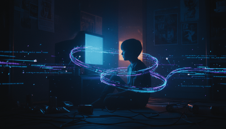 Ilustracion conceptual sobre el robo de identidad digital infantil y la vulnerabilidad de la seguridad en linea de menores.