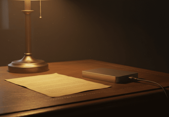 Manuscrito antiguo junto a una unidad de almacenamiento digital sobre un escritorio de madera, simbolizando la protección de la propiedad intelectual literaria.