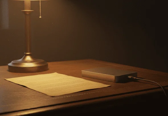 Manuscrito antiguo junto a una unidad de almacenamiento digital sobre un escritorio de madera, simbolizando la protección de la propiedad intelectual literaria.