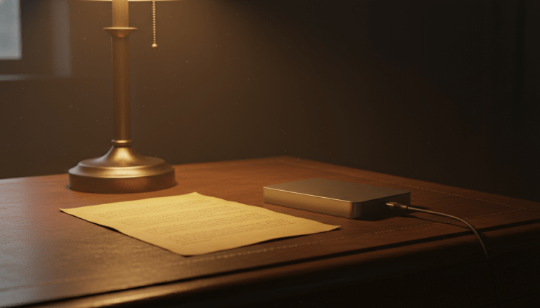 Manuscrito antiguo junto a una unidad de almacenamiento digital sobre un escritorio de madera, simbolizando la protección de la propiedad intelectual literaria.