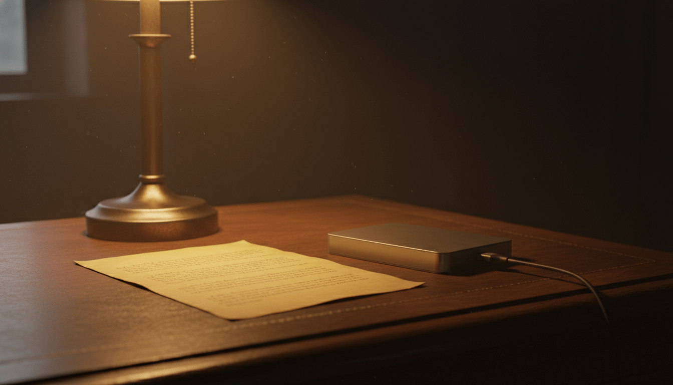 Manuscrito antiguo junto a una unidad de almacenamiento digital sobre un escritorio de madera, simbolizando la protección de la propiedad intelectual literaria.