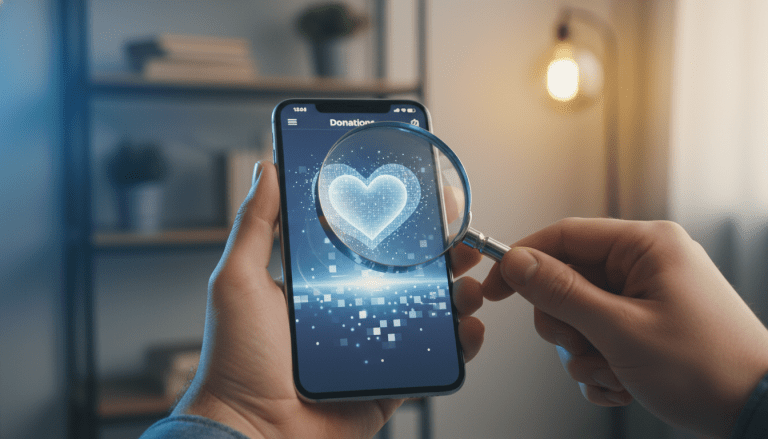 Persona verificando la autenticidad de una organización benéfica en su móvil para evitar estafas.