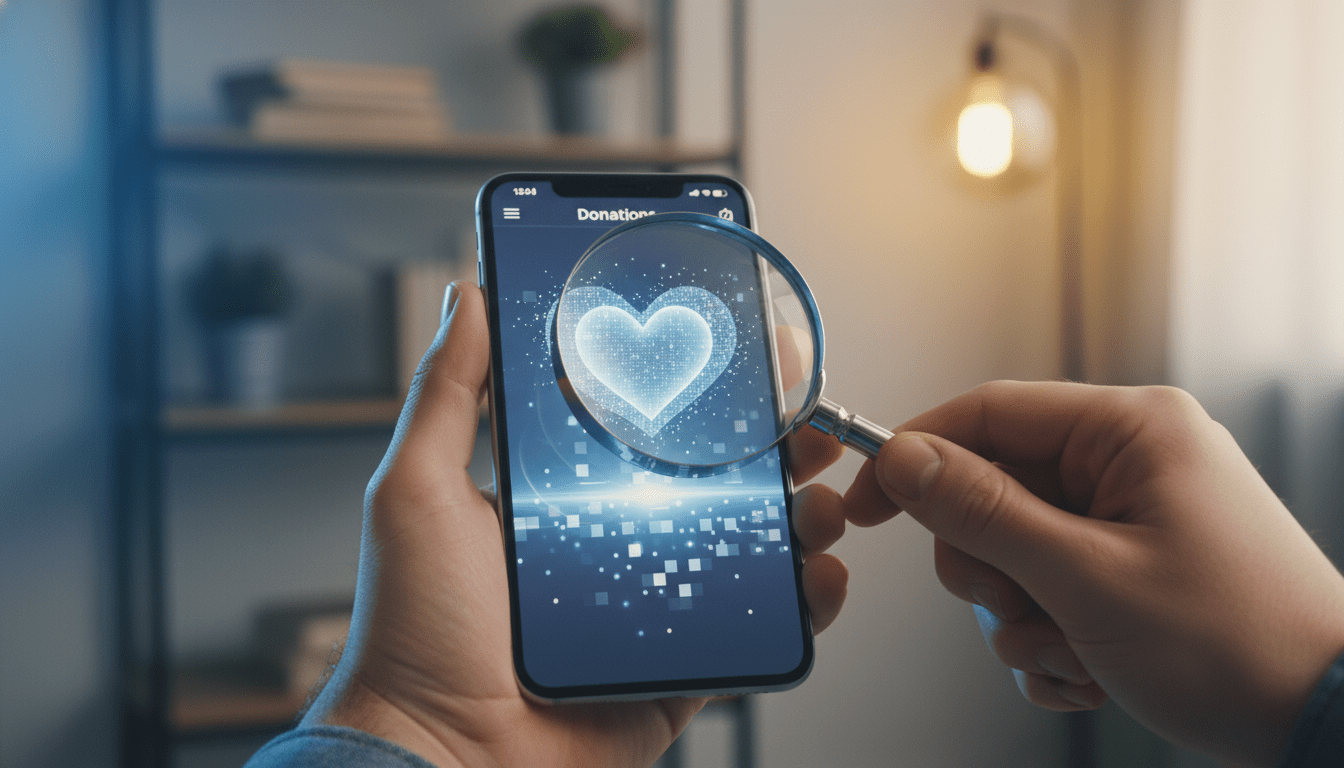 Persona verificando la autenticidad de una organización benéfica en su móvil para evitar estafas.