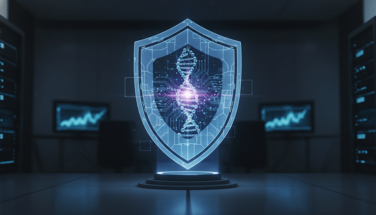Concepto visual de seguridad en investigación y desarrollo con tecnología holográfica y escudos digitales.