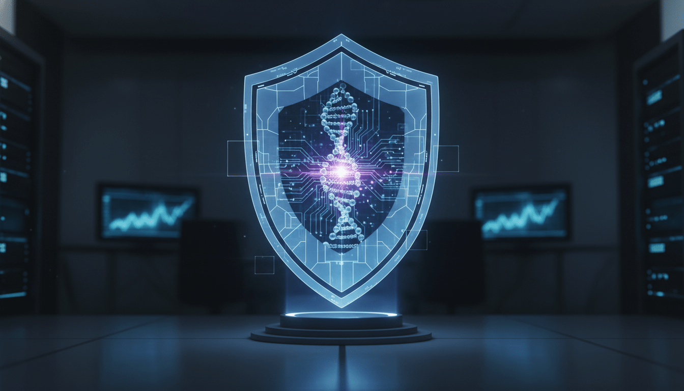 Concepto visual de seguridad en investigación y desarrollo con tecnología holográfica y escudos digitales.