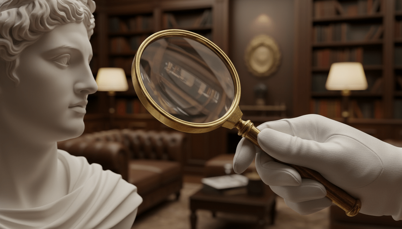 Coleccionista de arte inspeccionando una escultura antigua con guantes blancos en una biblioteca privada segura
