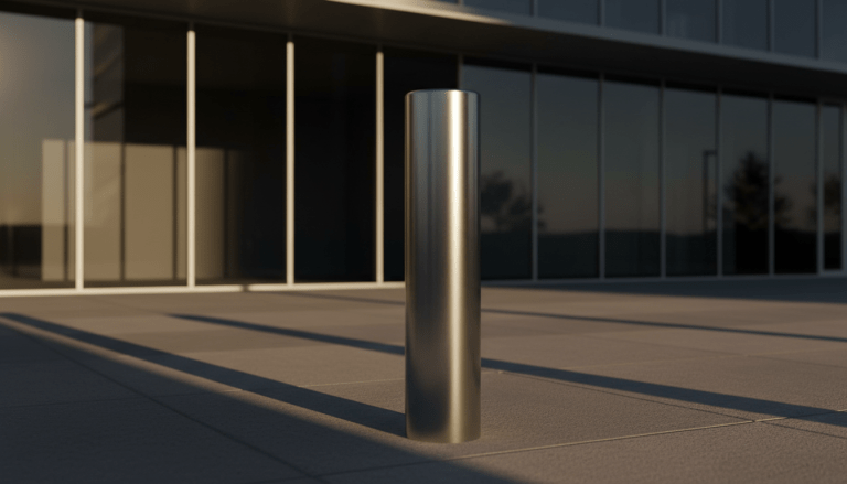 Fachada de un edificio corporativo moderno con medidas de seguridad perimetral para protección de activos