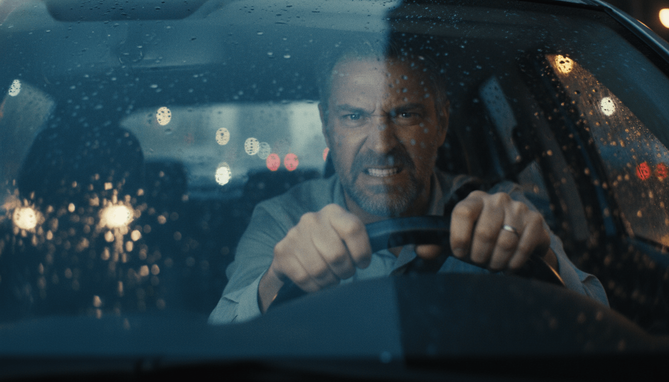 Conductor frustrado apretando el volante durante un atasco nocturno bajo la lluvia, representando el estrés y la agresividad al volante.