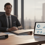 Ejecutivo profesional en oficina moderna organizando documentación técnica para auditoría externa