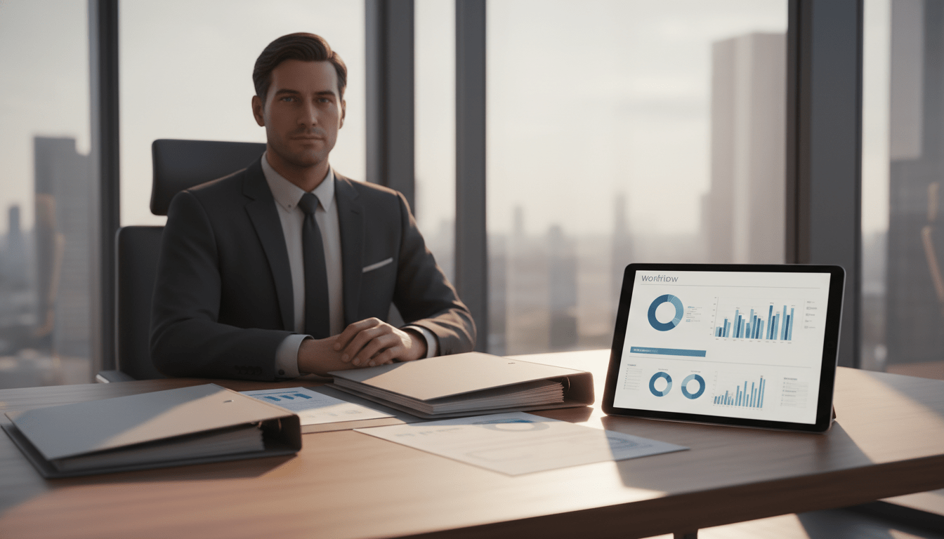 Ejecutivo profesional en oficina moderna organizando documentación técnica para auditoría externa